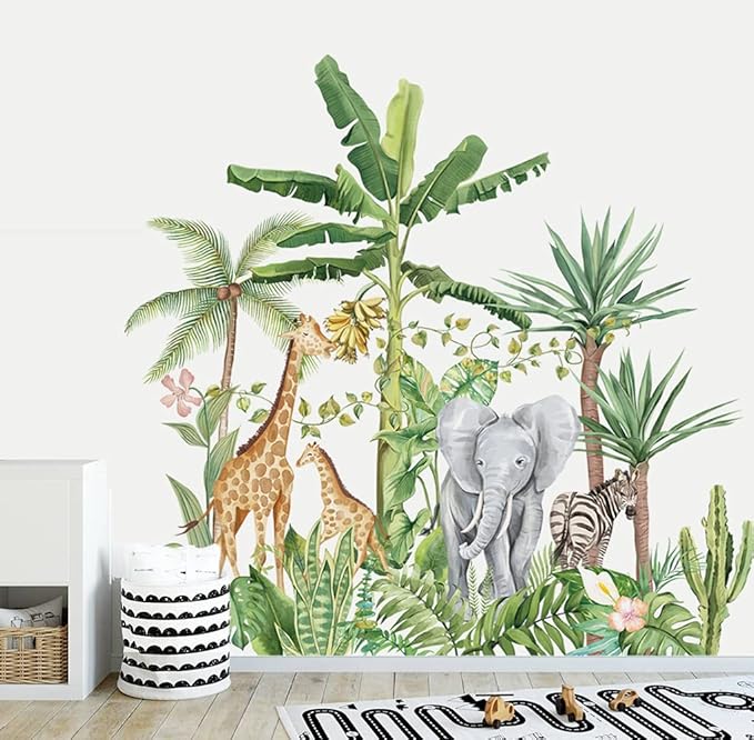 runtoo 热带丛林动物墙贴长颈鹿大象植物墙贴儿童房卧室墙壁装饰